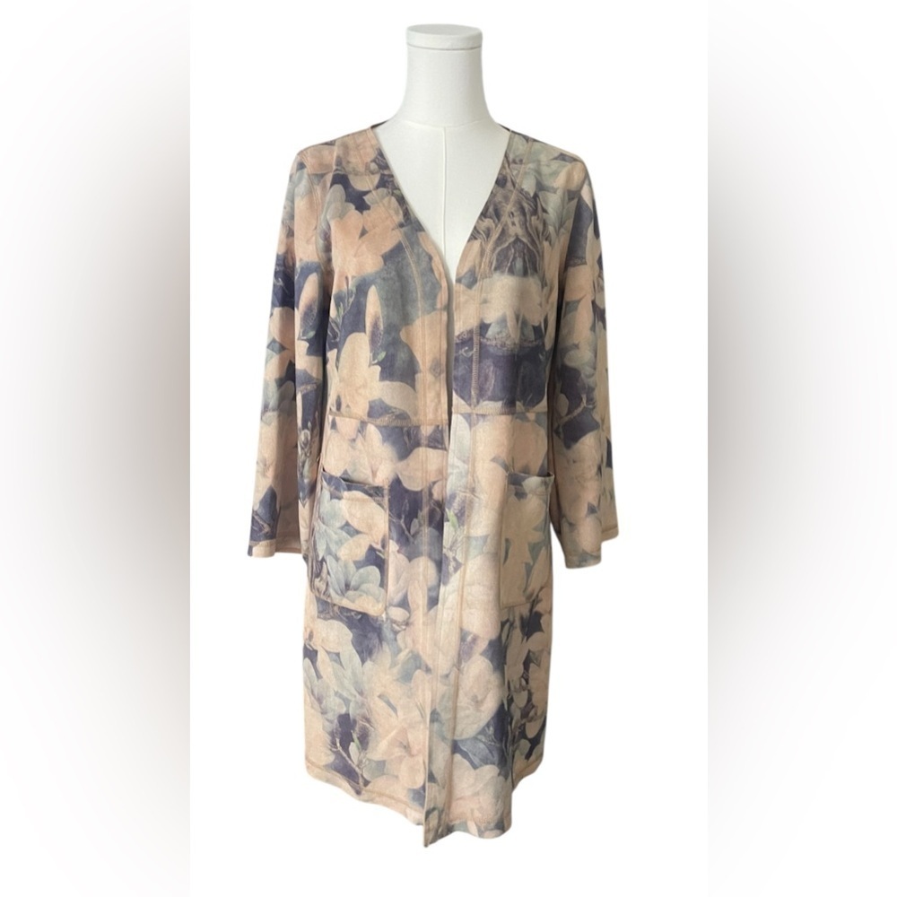 Anthropologie solitaire BOHO Floral Long Sleeve faux suede cardigan Sz Small - Picture 2 of 7